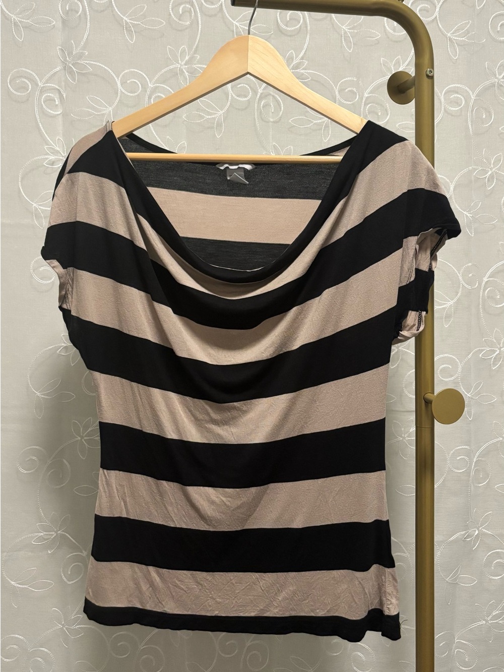 H&M Striped Cowl Neck Top in Black & Beige Size Medium